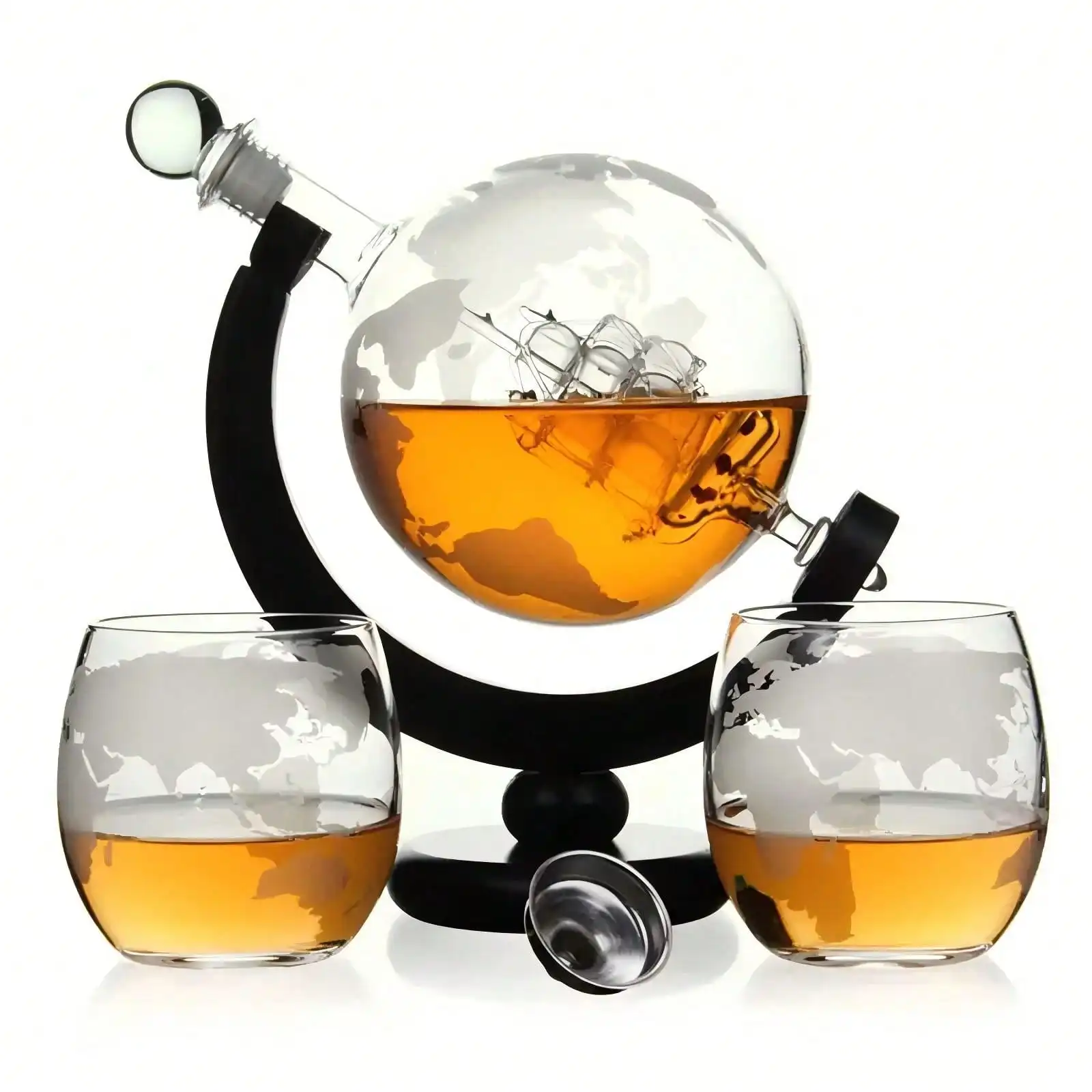 Whisky Decanter Spherical Set With 2 Etched Whisky Glasses - Spherical Aerator For Spirits, Scotch Whisky, Bourbon, Brandy, Vodka