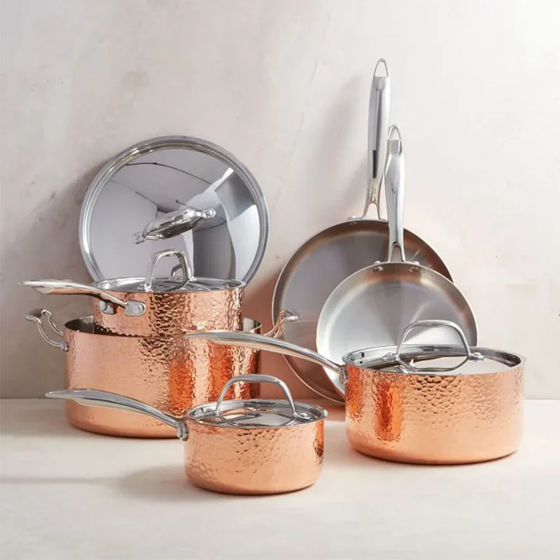 Hammered Dot Triple Copper Stainless Steel Cookware Set - Soup Pot, Milk Pot & Frying Pan for Home Kitchen