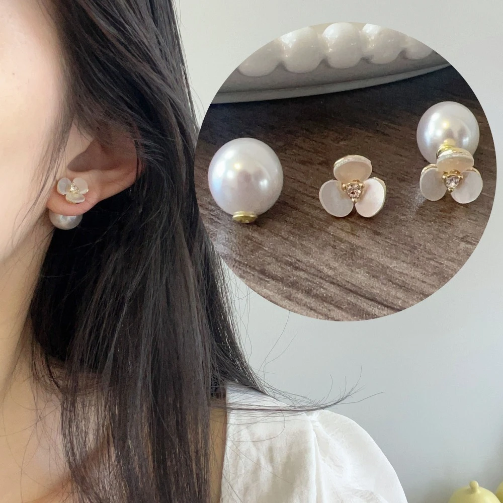 1 Pair Senior Sense Shell Flower Pearl Earrings Female Niche Design Before and After Two Small Earrings