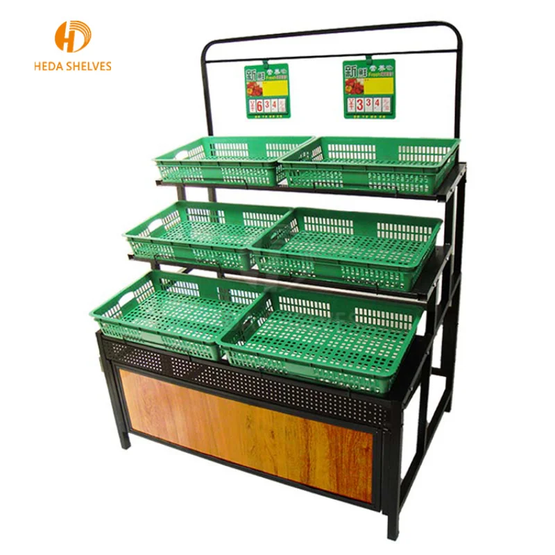 custom.Supermarket Quality Single-Sided Fruit and Vegetable Rack Light Duty Display Stand in Metal Wood Steel Store Use