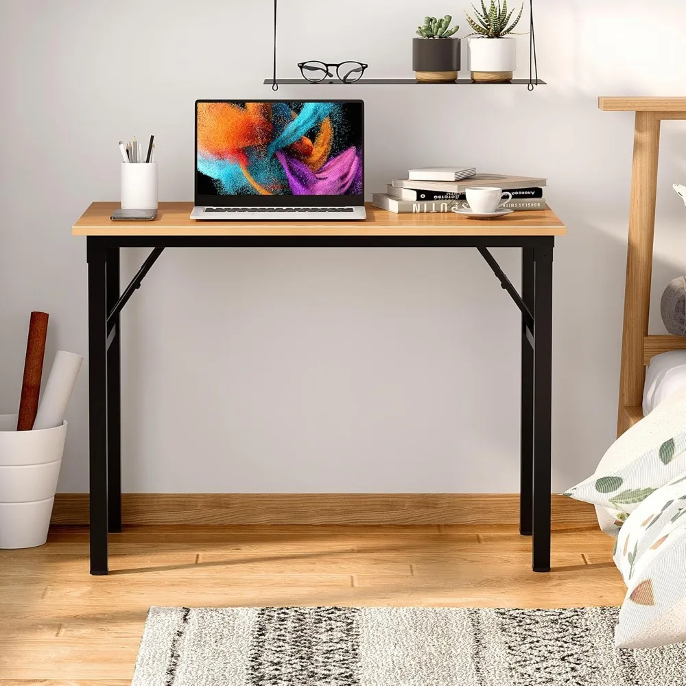 Bureau d'ordinateur pliant moderne de couleur teck pour le bureau à domicile, longueur 39-3/8, aucun assemblage requis, bureau noir