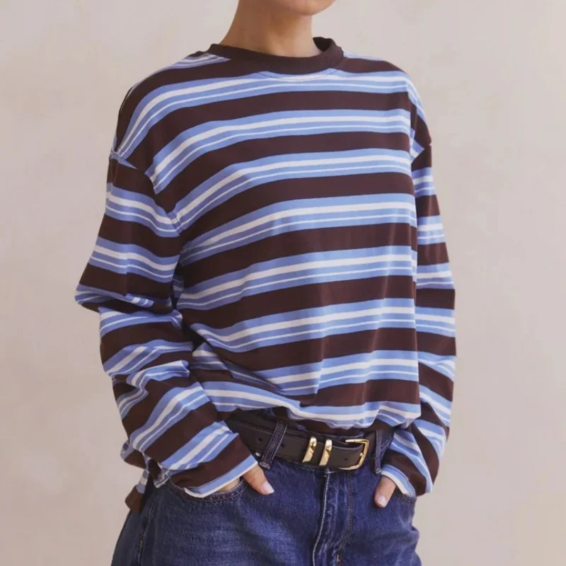 Sudaderas con estampado de rayas a la moda, camisetas clásicas de manga larga, camisas informales para mujer, camisas de otoño de mezcla suave y transpirable