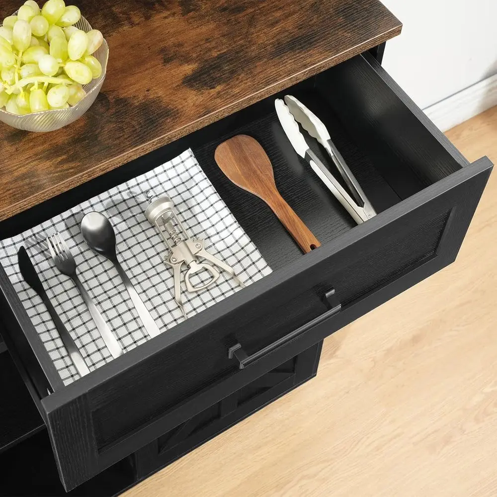 جزيرة مطبخ دوارة سوداء مع مساحة تخزين، وأبواب منزلقة، ومخرج طاقة، وأدراج، ورف توابل لتناول الطعام #6