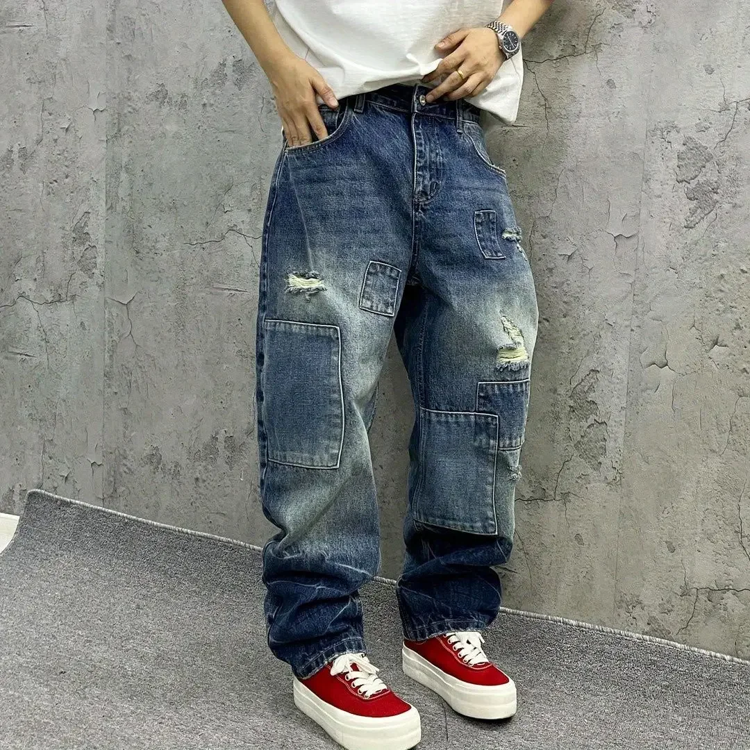 Retro Wide Leg Loose Jeans For Men Block Patch Design Vintage Holes Pants New Trendy Young Boy Male Streetwear Bottoms