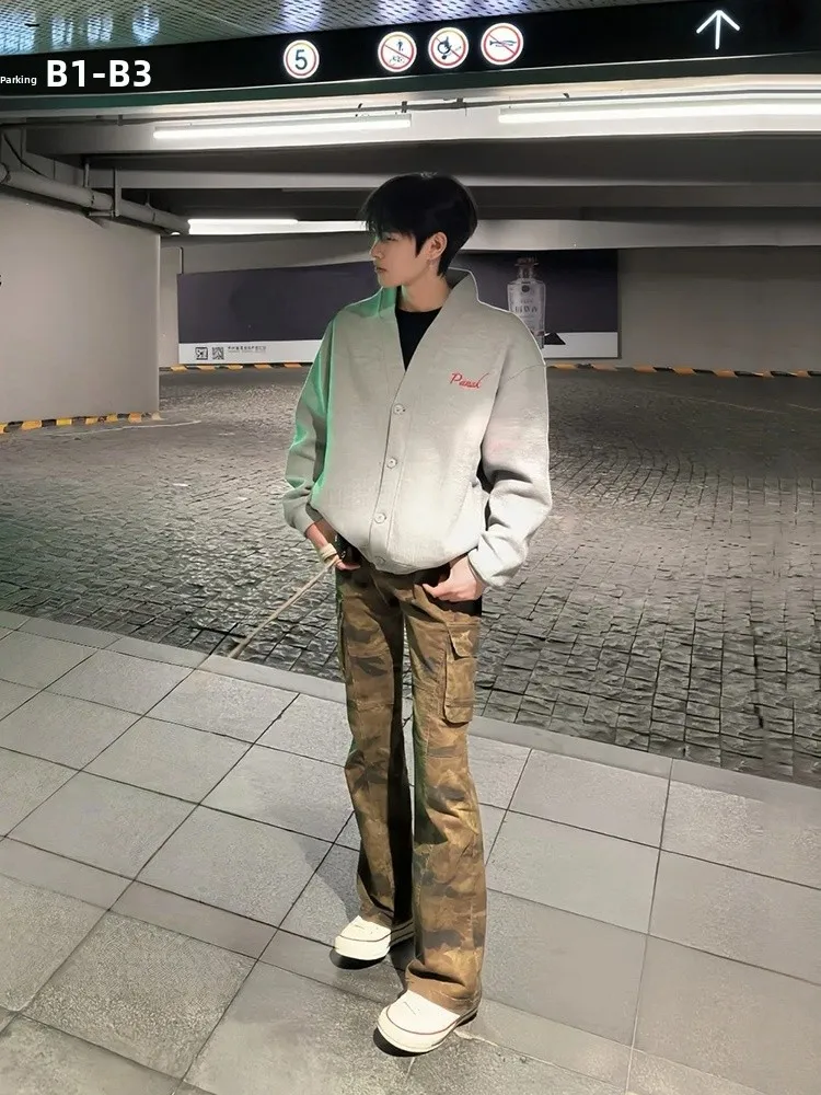 

American Retro Camouflage Flared Jeans Men's Cleanfit Slim Fit Flared Pants Workwear Trousers Straight Tube Loose Fit Jeans