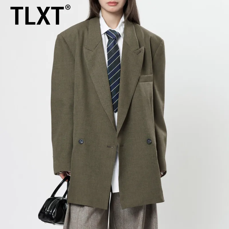 

TLXT элегантный женский минималистичный однотонный пиджак с лацканами, двубортное пальто с длинными рукавами, женское весеннее пальто 202, новинка XK1250