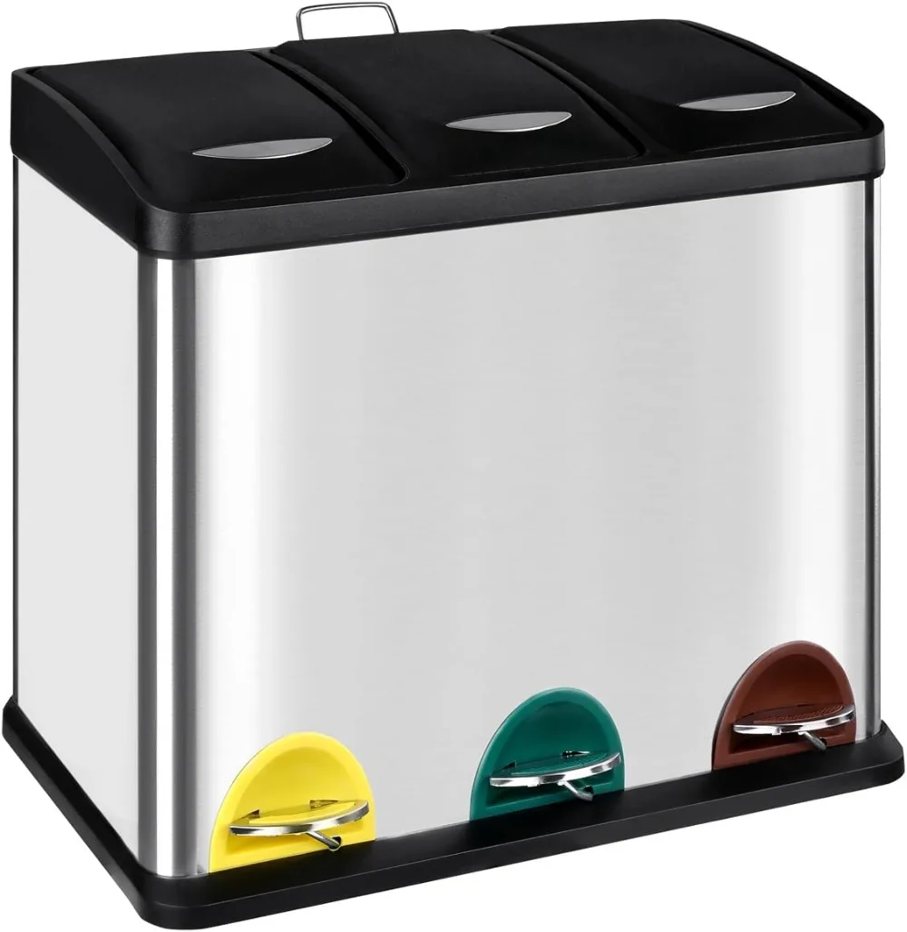 Cubo de Basura reciclaje 3 compartimentos, Papelera triple de cocina, 3x 8 L, de acero, con pedal, tres colores.