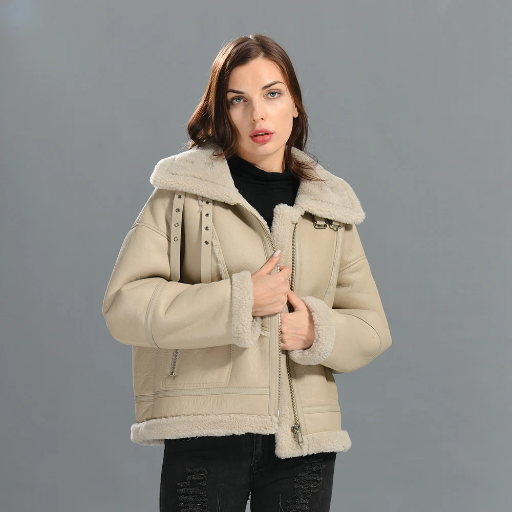 Jaxmonoy Frauen Lammfell Mantel Herbst Winter Warme Doppel Gesicht Echtem Leder Jacke Mode Voll Sleeves Zipper Oberbekleidung Neue