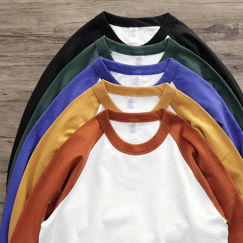 

Men's Casual Long Sve T-irt 260G Pure Cotton Knitted Base irt oulder Insert Design Retro American Sle Couple's irt