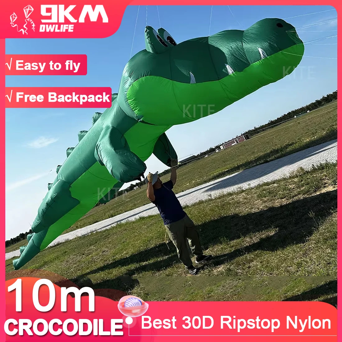 9KM 10m Crocodile Kite 30D Ripstop Nylon Fabric Line Laundry Kite Pendant Soft Inflatable Large Professional Kite with Bag