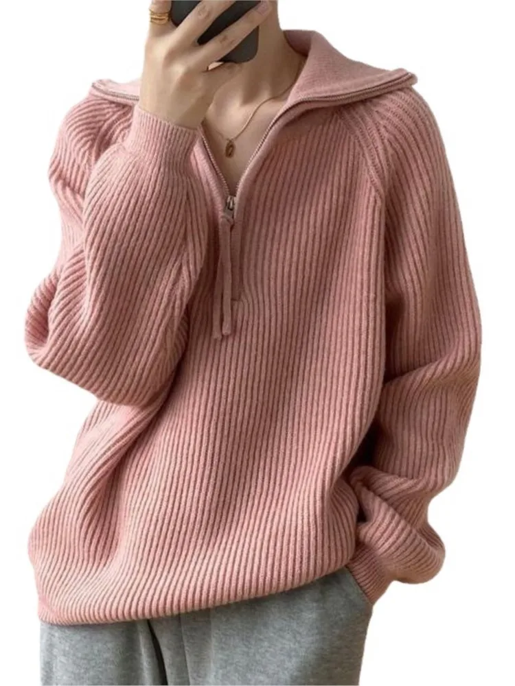 Autumn Winter Korean Women\'s Sweater Loose Zippers Turtleneck Sweaters Warm Solid Pullover Knitwear Basic Female Tops