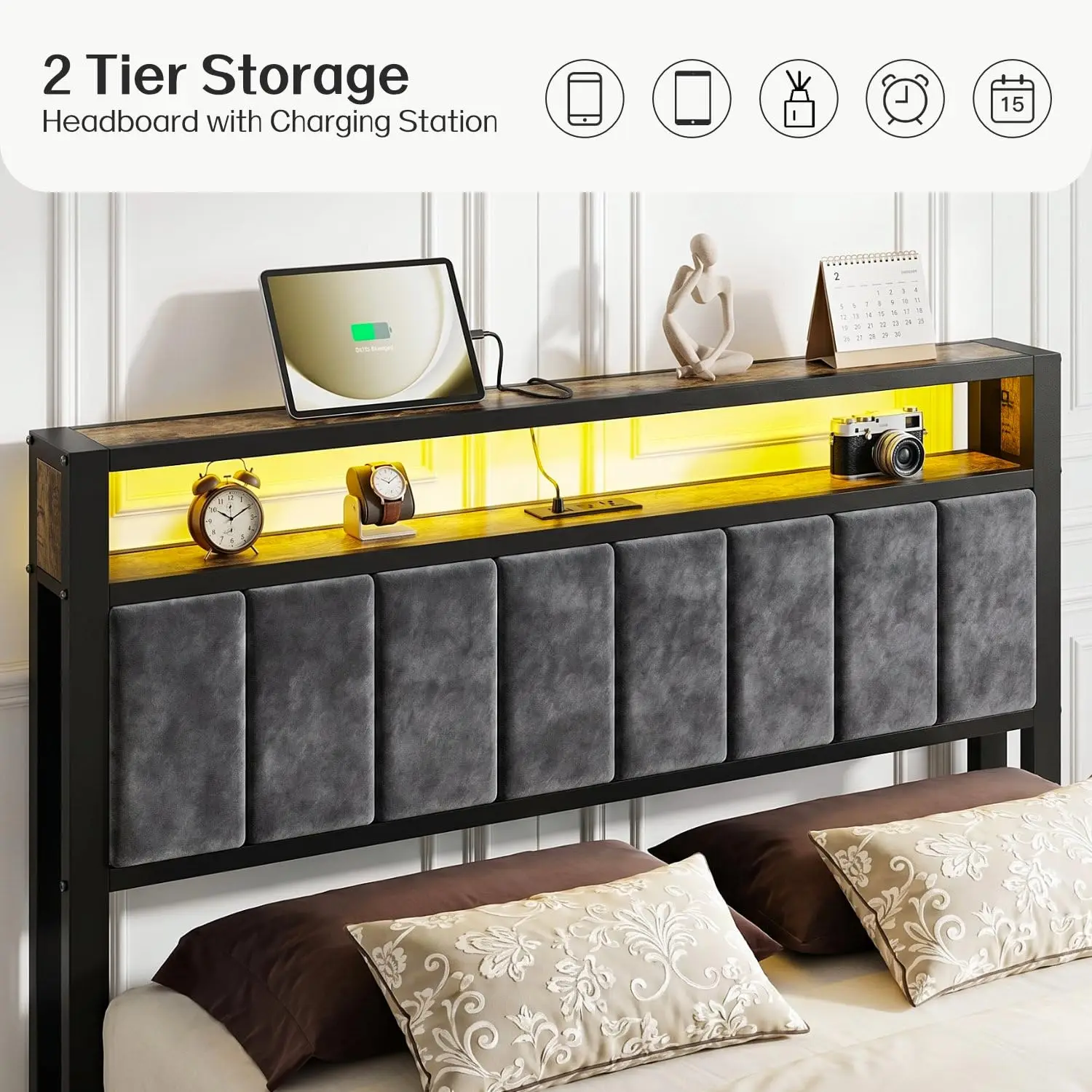 Queen Bed Frame with Storage Headboard, LED & Charging Station