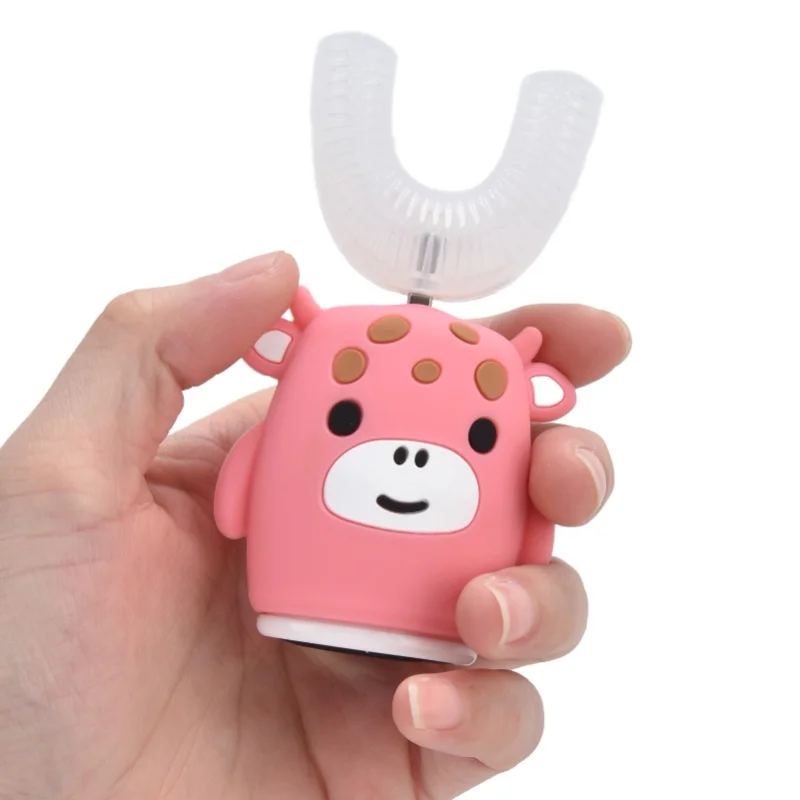 Cepillo de dientes infantil en forma de U, rosa, dibujos animados, eléctrico 360 ° Máquina de limpieza de dientes de boca entera Dent RushGrande