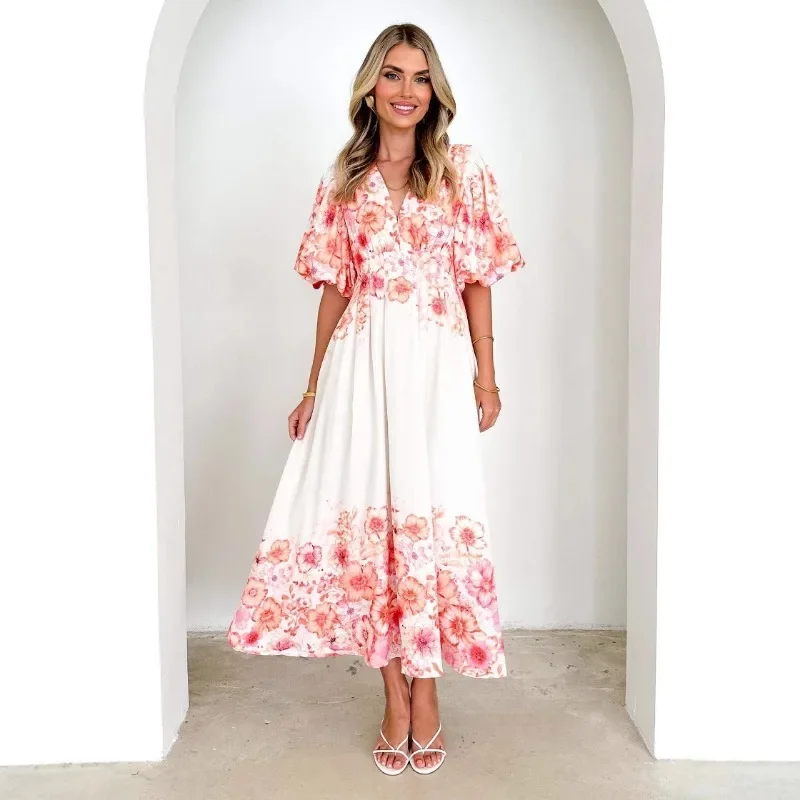 

2025 New Spring/Summer Bubble Sleeves V-neck Women's Strap Printed Fairy Style Medium To Long Style Large Swing Dress for Women