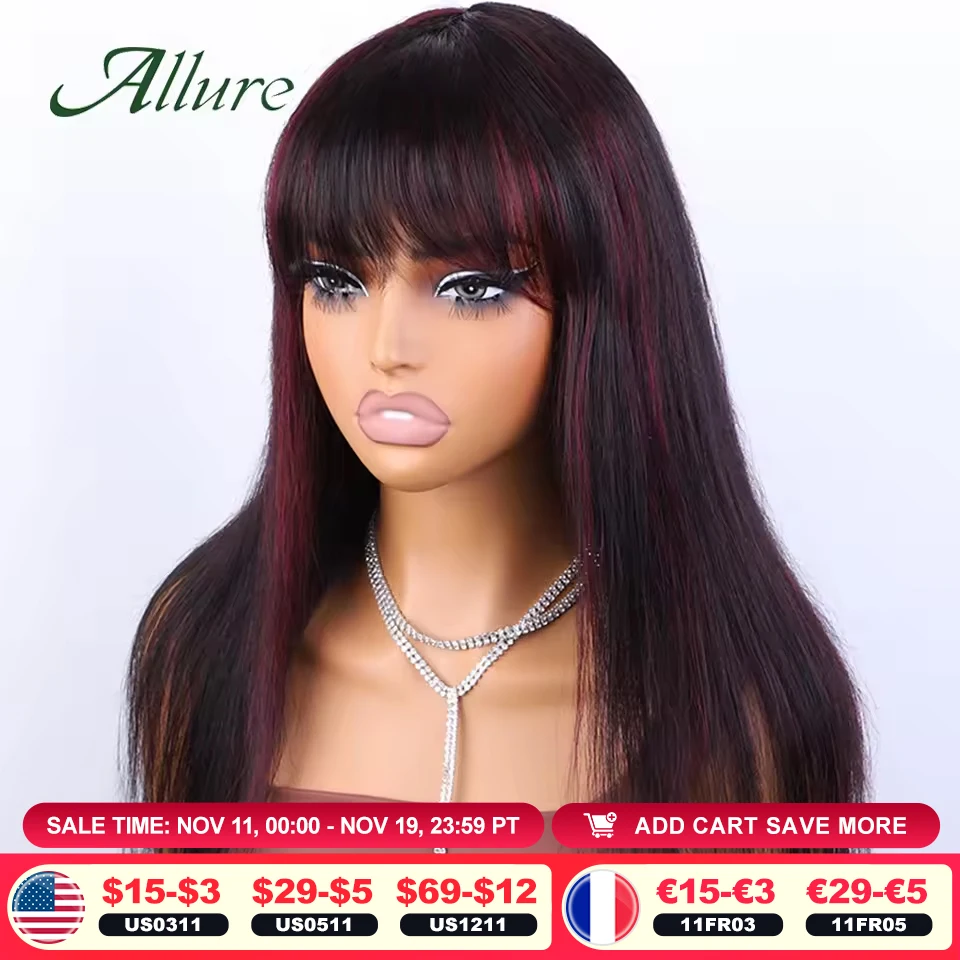 Perruques brésiliennes droites de cheveux humains pour les femmes Ombre perruque sans colle avec frange 180% densité bordeaux cheveux longs perruques Allure