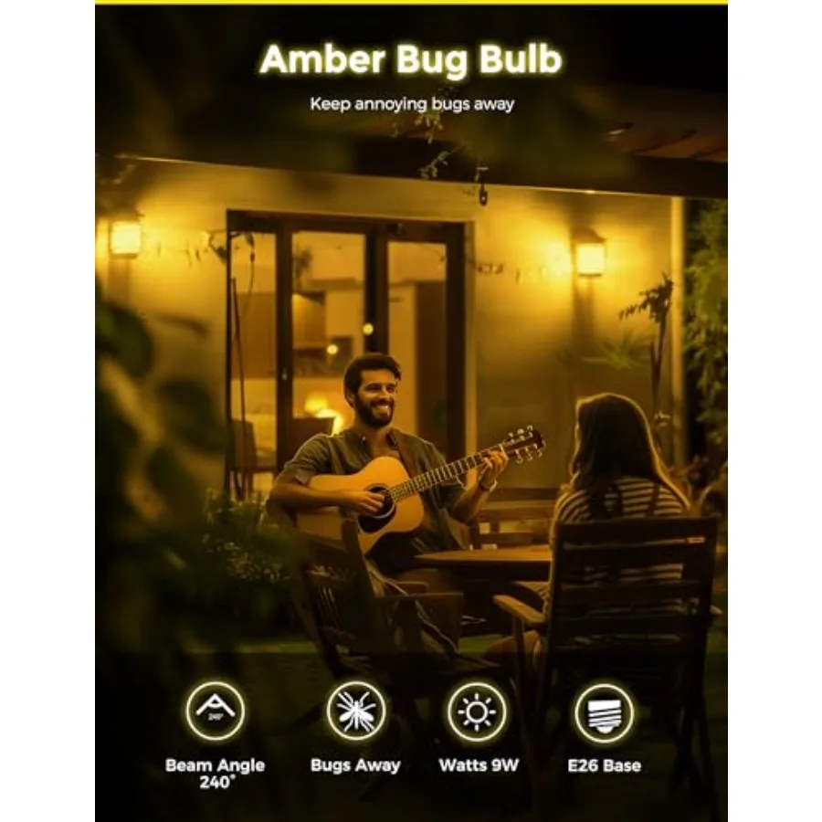 Yellow Light Bulbs, Bug Lights for Outside, A19 Bug Light Bulbs 9W 60 Watt Equivalent Amber Porch Light Bulb, Non-Attracting, E