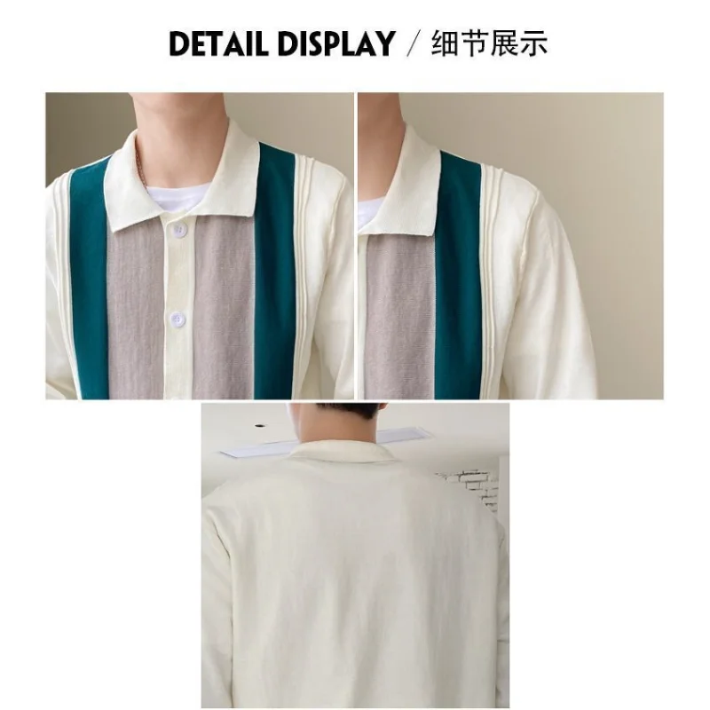 Casual Men's Long Sleeve Knitted Cardigan Jacket Korean Style Shirt Collar Patch Sweater Top