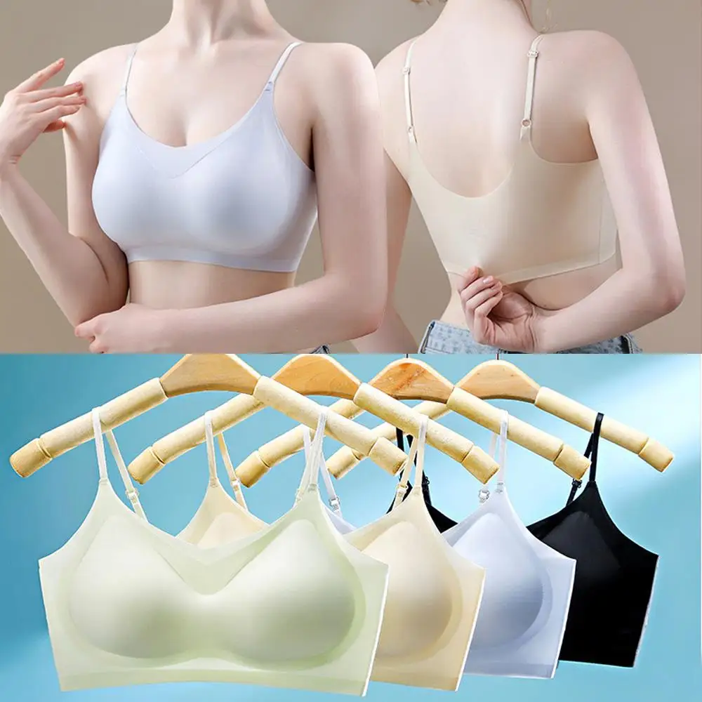 

Ice Silk Seamless Underwear Women Plus Size Sexy Top Soft Breathable Wireless Solid Lingerie Gathered Padded Bra For Small Chest