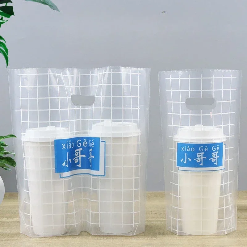 100 Pcs Disposable Checkered Pattern Handbags Transparent Milk Tea Packaging Pocket 500/700/1000ML Juice Coffee Takeout Bag