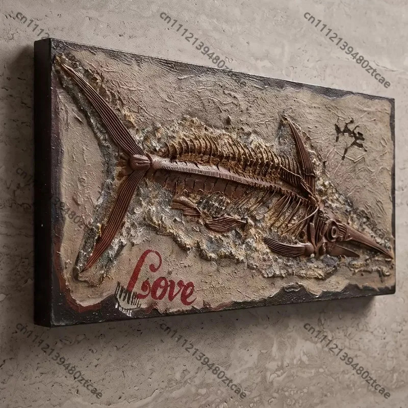 3D Metal Tin Plate Fish Bone Fossil Wall Hanging Ornament, Vintage Industrial Wall Art Decor, Creative Wall Craft for Cafe Bar