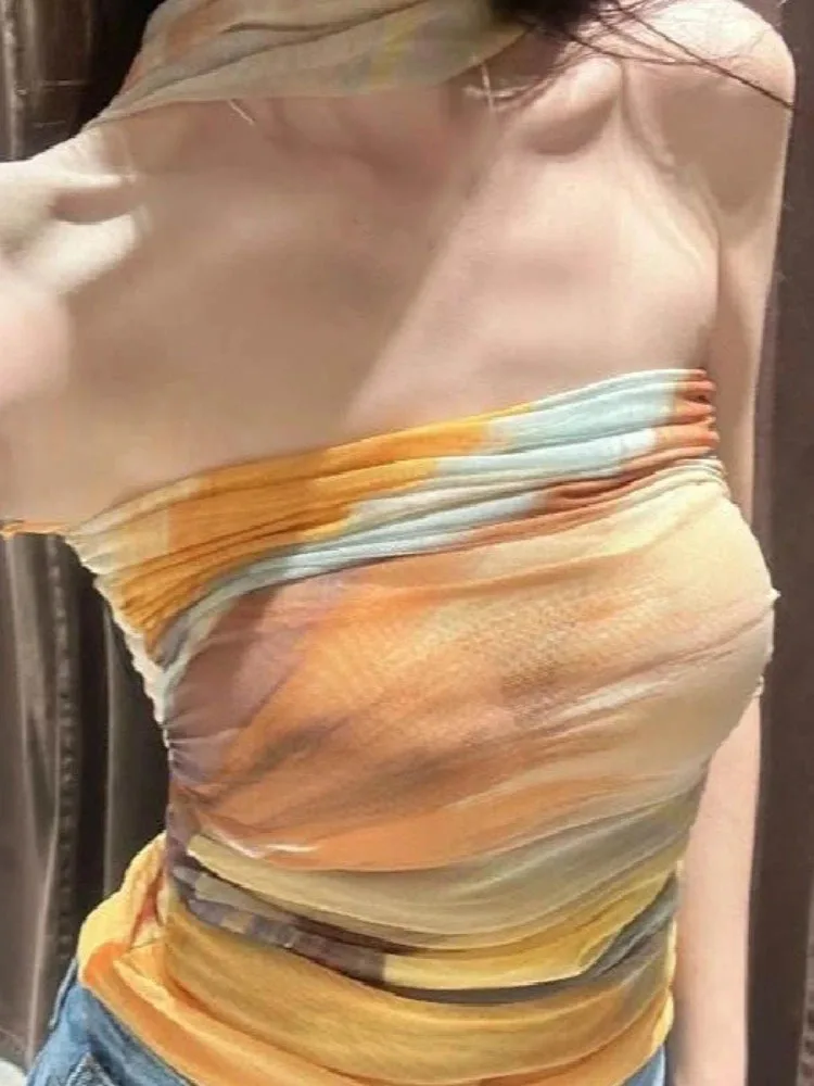 Y2k Aesthetic Printing Sexy Strapless Vest Streetwear Women Vintage Cropped Tank Top Harajuku Gauze Slim Fit Pleated Camisole
