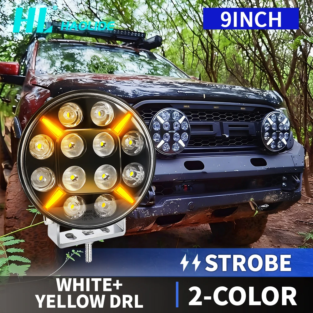 

HAOLIDE 12V 24V 9inch Round LED Truck Light 3500K/6000K Whiite Driving Light Amber DRL with Storbe Beam for Truck UTV SUV