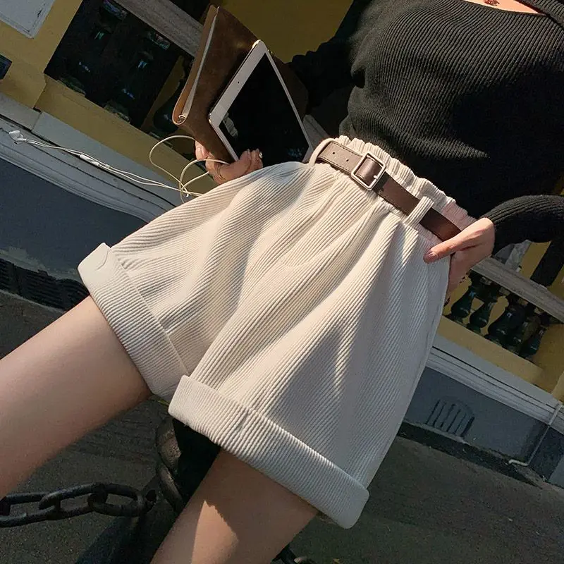 

Corduroy Women's Cargo Shorts with Belted Autumn Winter High Waist Wide Leg Shorts Vintage Female Trousers