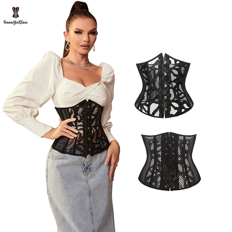 Lato drążą pas wyszczuplający w talii Shaper 5 Metal Busk kobiety czarne skórzane przezroczyste siatki gorset Underbust Top Plus rozmiar XS-6XL