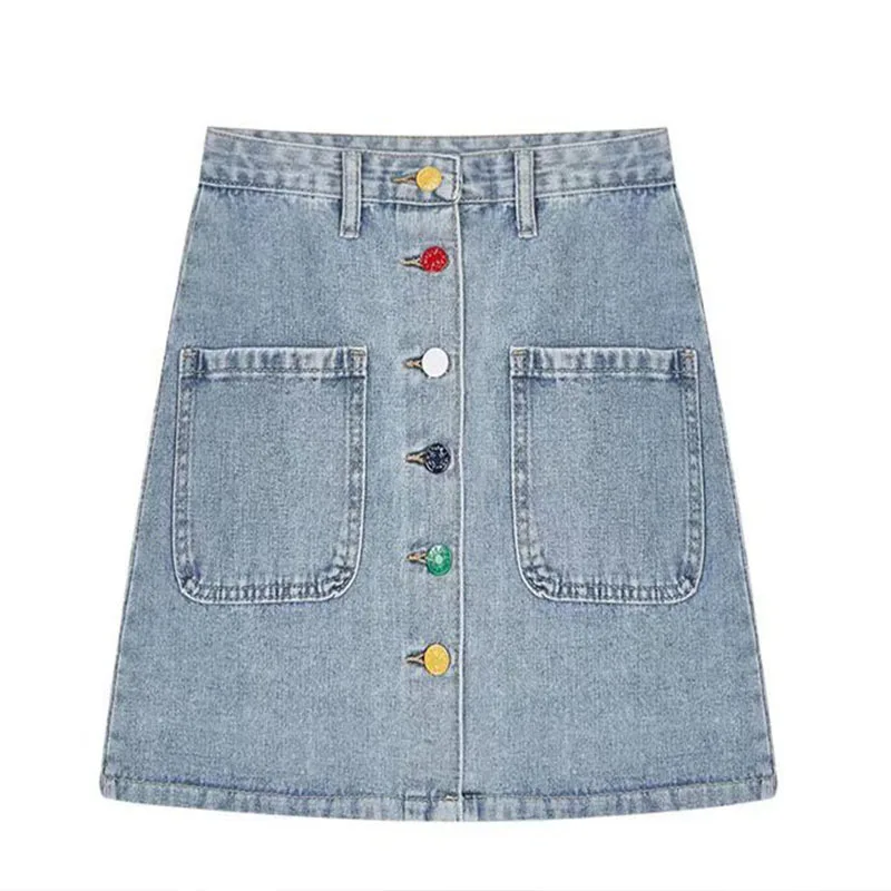 Gonne corte in Denim con bottoni frontali gonna corta da donna con tasca Vintage primaverile minigonna con spacco frontale a vita alta da donna