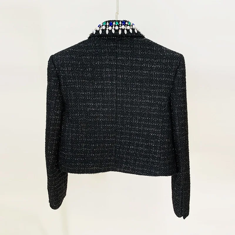 Nuovo inverno più spesso tessuto di Tweed squisito lucido diamanti strass donne giacca nera per le signore cappotto di lusso