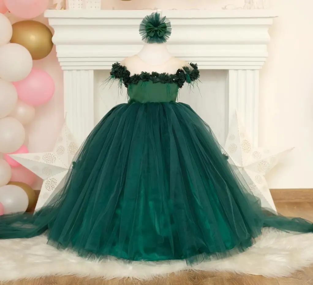 

Green Tulle Off the Shoulder Flower Girl Dresses for Wedding Guest Child Kids Bridesmaid Puffy Tulle Ball Gown Pageant Dress