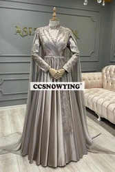 Glossy Satin Cloak Long Sleeve Muslim Evening Dresses Islamic Hijab Formal Party Gown Women Arabic Kaftan Robe De Soiree