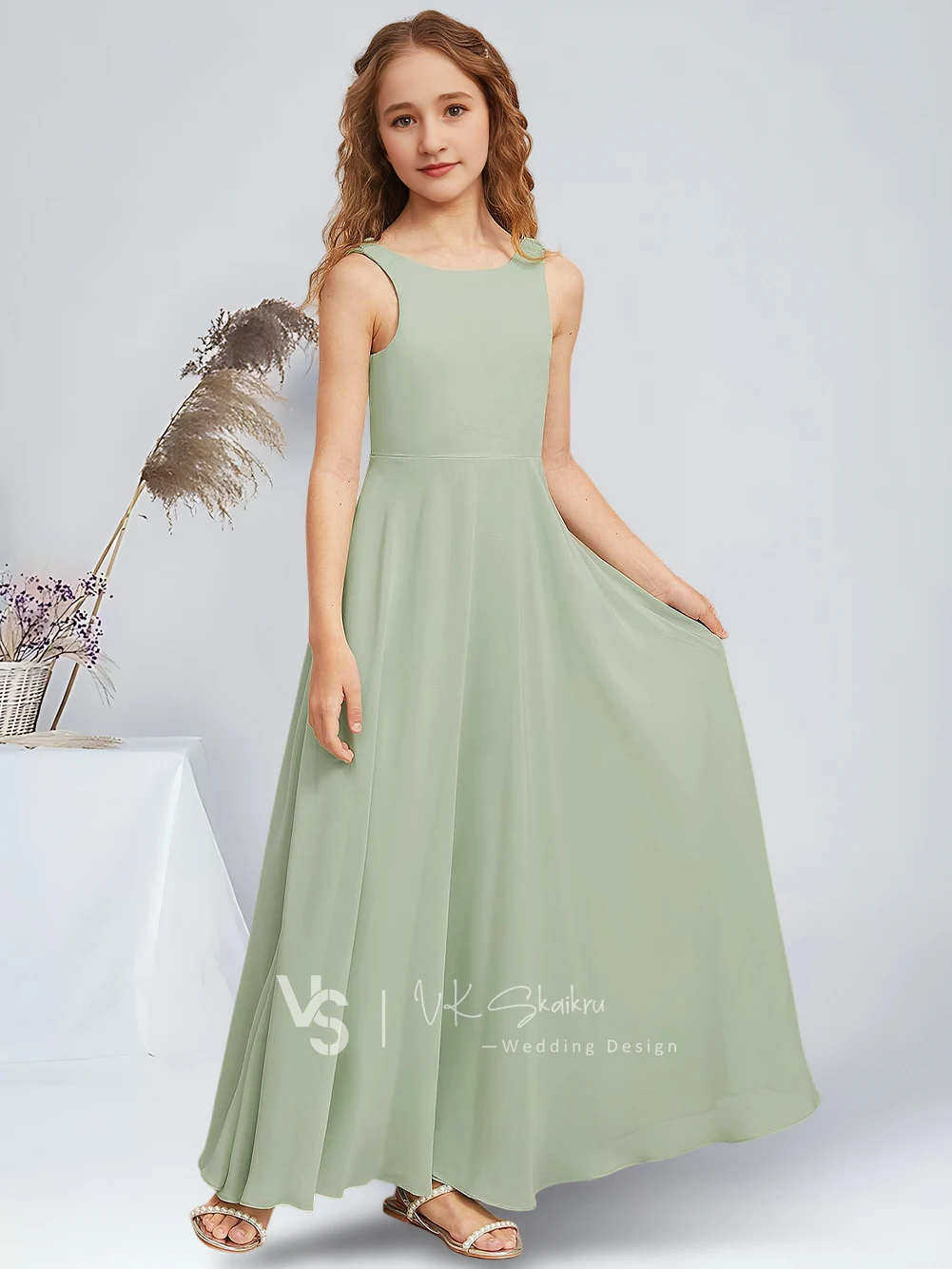 Elegante A-Linie U-Ausschnitt bodenlang Chiffon Junior Brautjungfernkleider Celadon Wunderschöne Blumenmädchenkleider Party Hochzeit Kinder