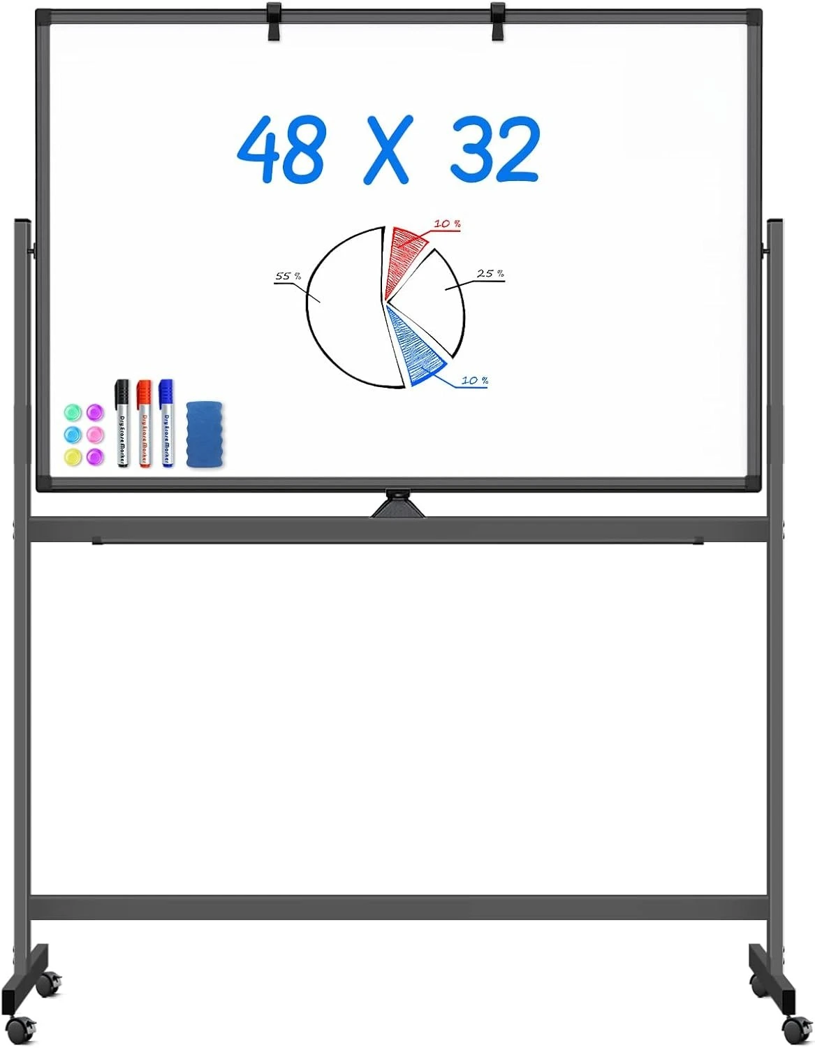 롤링 화이트보드 48 x 32, 양면 이동식 화이트보드, 대형 휴대용 자석 화이트보드 스탠드 포함 - 핫 세일