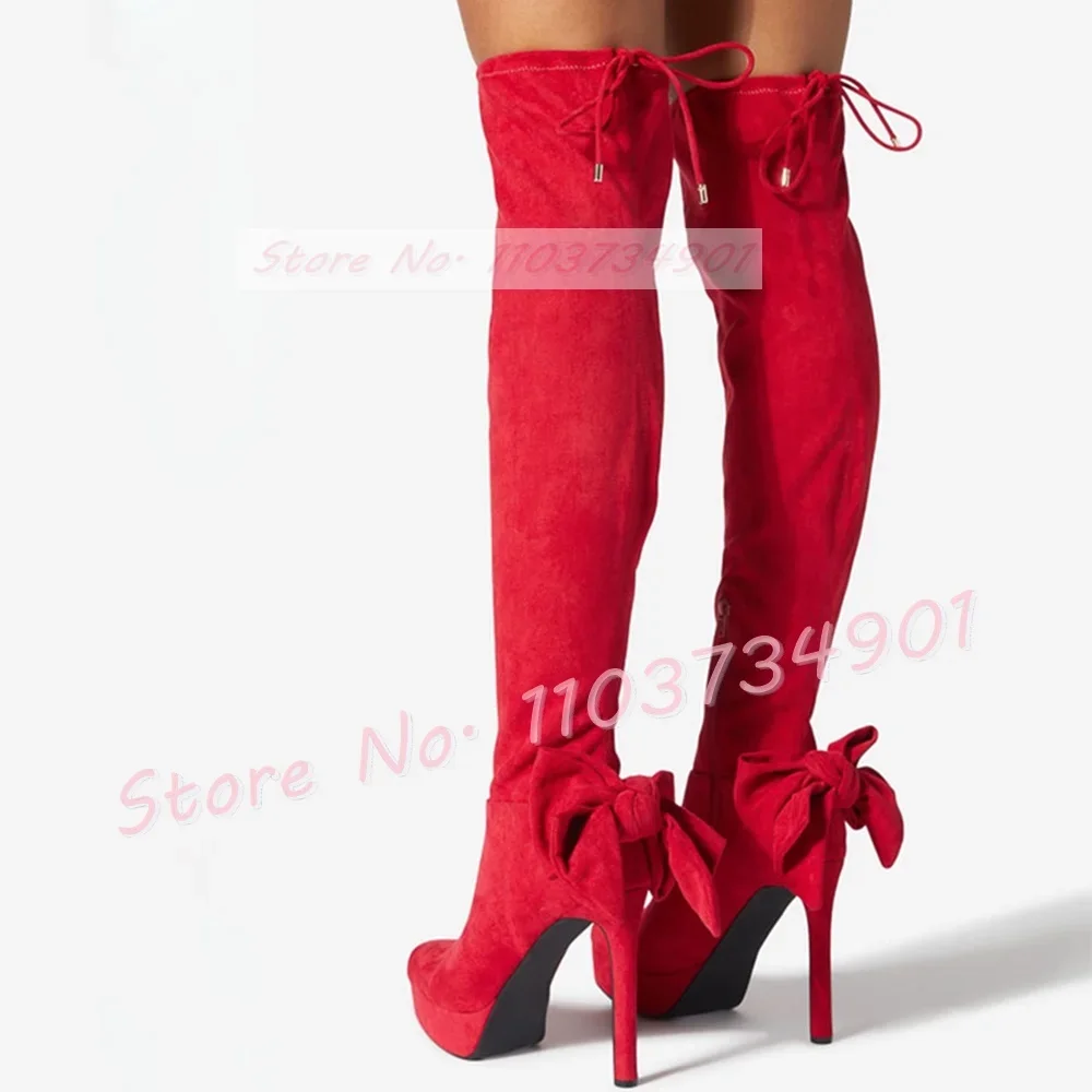 Red Round Toe Platform Stretch Long Boots Women Sexy Back Butterfly Knot Thin High Heels Boots Trendy Feminine Solid Flock Shoes