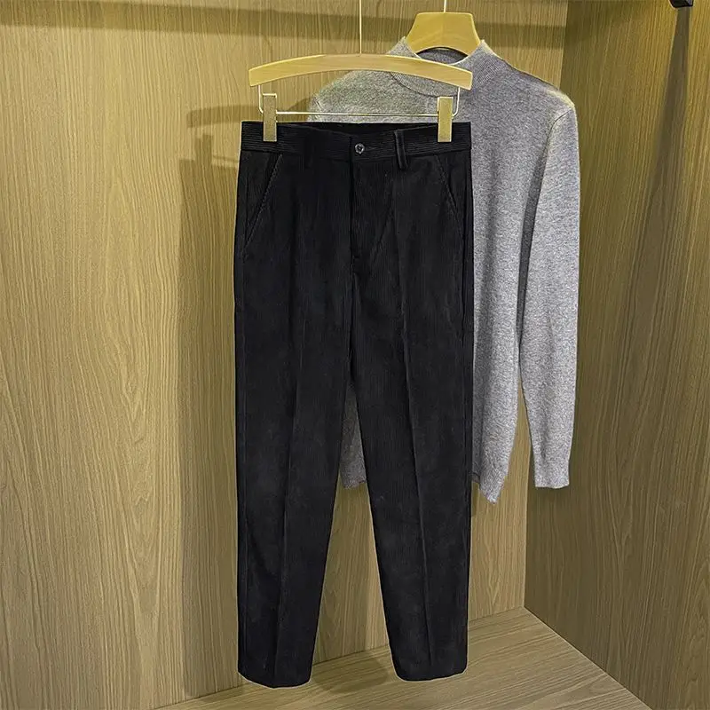 Men's Fall Winter Straight Leg Trousers Slim Fit Casual Pants Retro Corduroy Draped Ankle-Length Fashion Trendy Menswear
