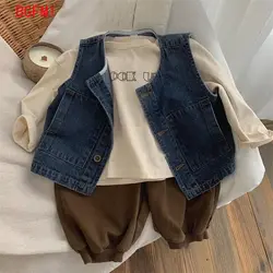 2024 Korean 2-7 Year Spring Children Boys Denim Vest Sleeveless Single Breasted V Neck Kid Boys Coat Cotton Thin Baby Boys Vest