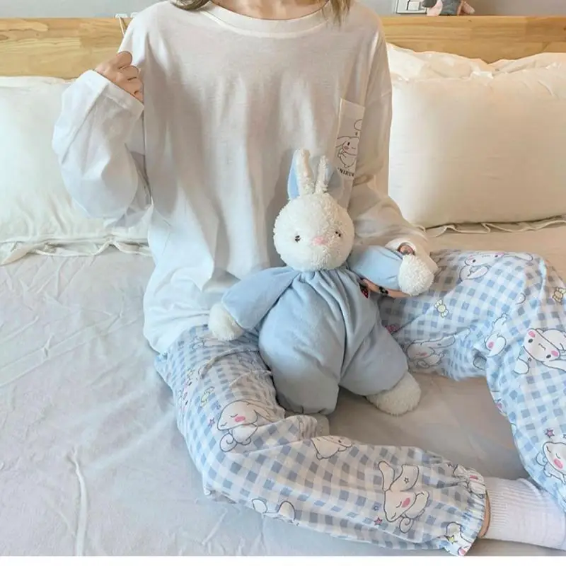 Kawaii Sanrios Cinnamoroll piżama z okrągłym dekoltem Anime śliczne dziewczyny bielizna nocna wiosna jesień Homewear Cartoon luźne długie rękawy