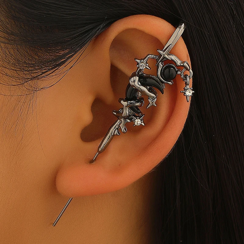 Gothic Black Moon Sword Clip Earrings Ear Cuff Star Accents Punk Single Ear Wrap Earring for Women Vintage Jewelry Gift
