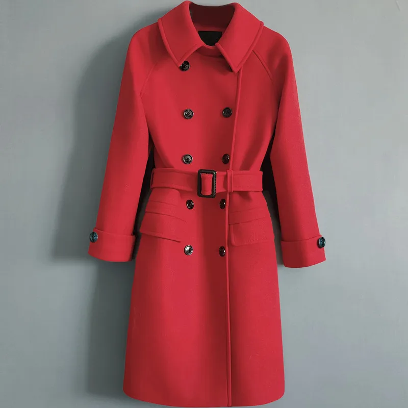 Veste d'hiver épaisse en laine pour femme, manteau Long, Style anglais, rouge, marron, noir, ceinture ample, Double boutonnage