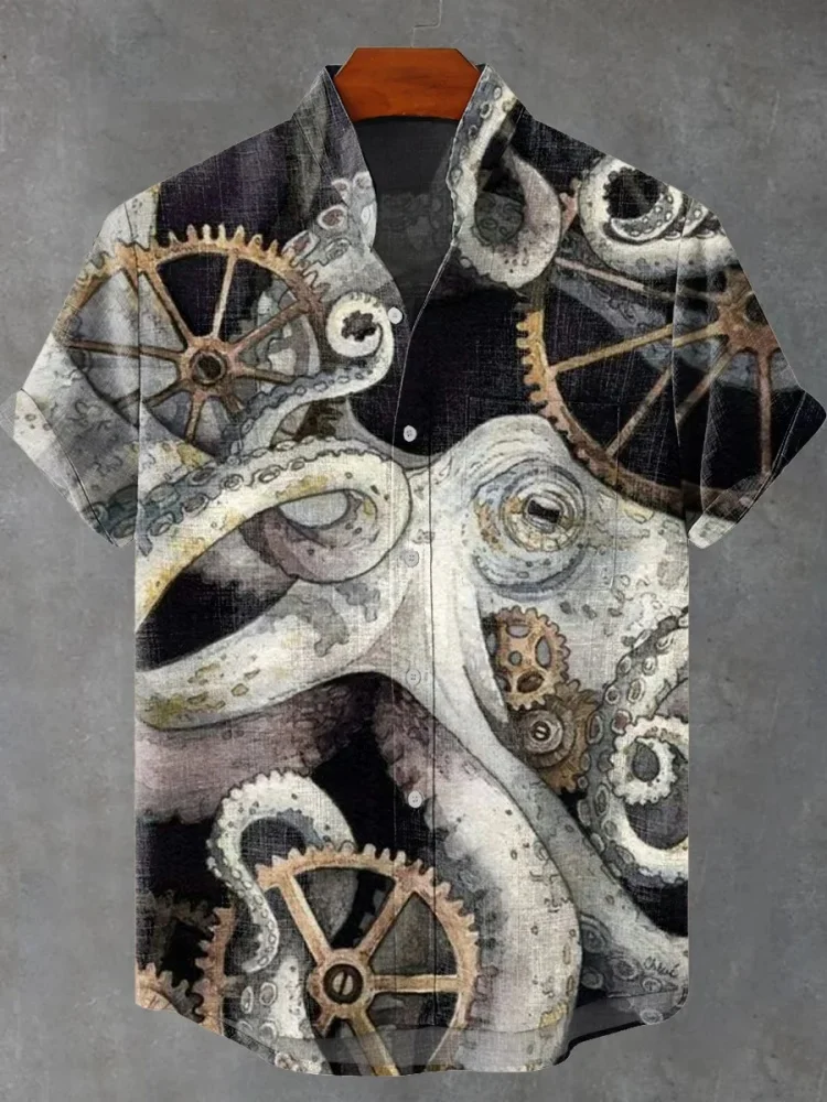 Camicia a maniche corte moda casual da uomo stampata in 3D hawaiana con colletto e top abbottonato in lino in comodo e traspirante