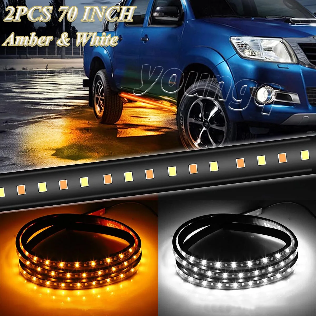 

2X 70" Running Board Side Step LED Light Amber White Turn Signal DRL Strip Bar