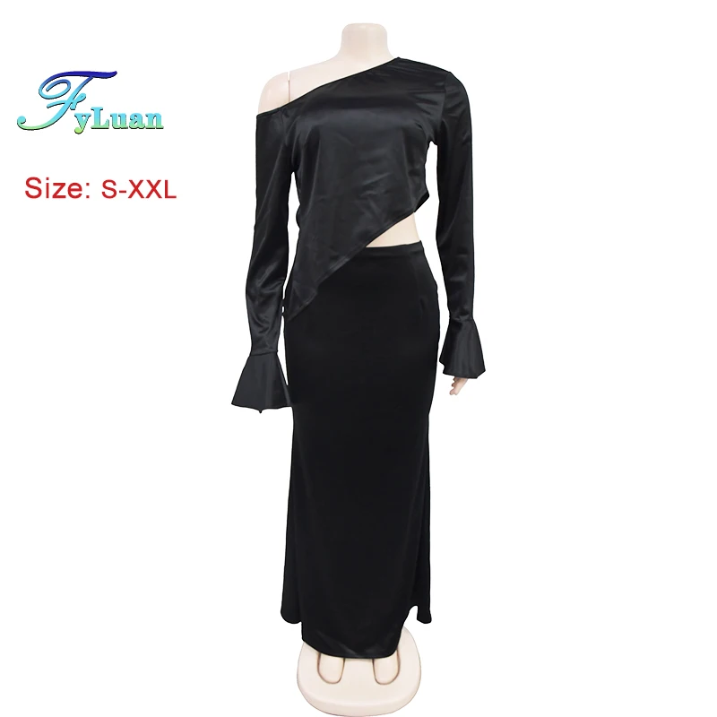 Nuovo elegante abito in due pezzi in raso tinta unita set da donna svasato manica lunga spalla obliqua top e gonne lunghe a sirena da sera