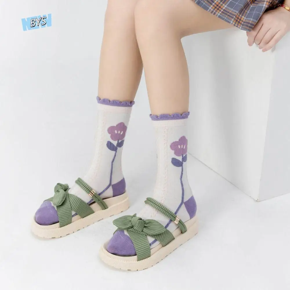 

5Pairs Fashion Purple Series Floral Tube Socks Bowknot Harajuku Girls Mid-calf Socks Hosiery Flower Sweet Sock Women Warm