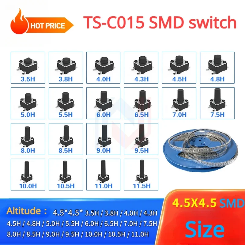 50Pcs/lot TS-C015 Touch Switch Patch 4.5*4.5*3.5 mm-10mm Vertical Four-Leg High Temperature Resistant Micro-Motion Button