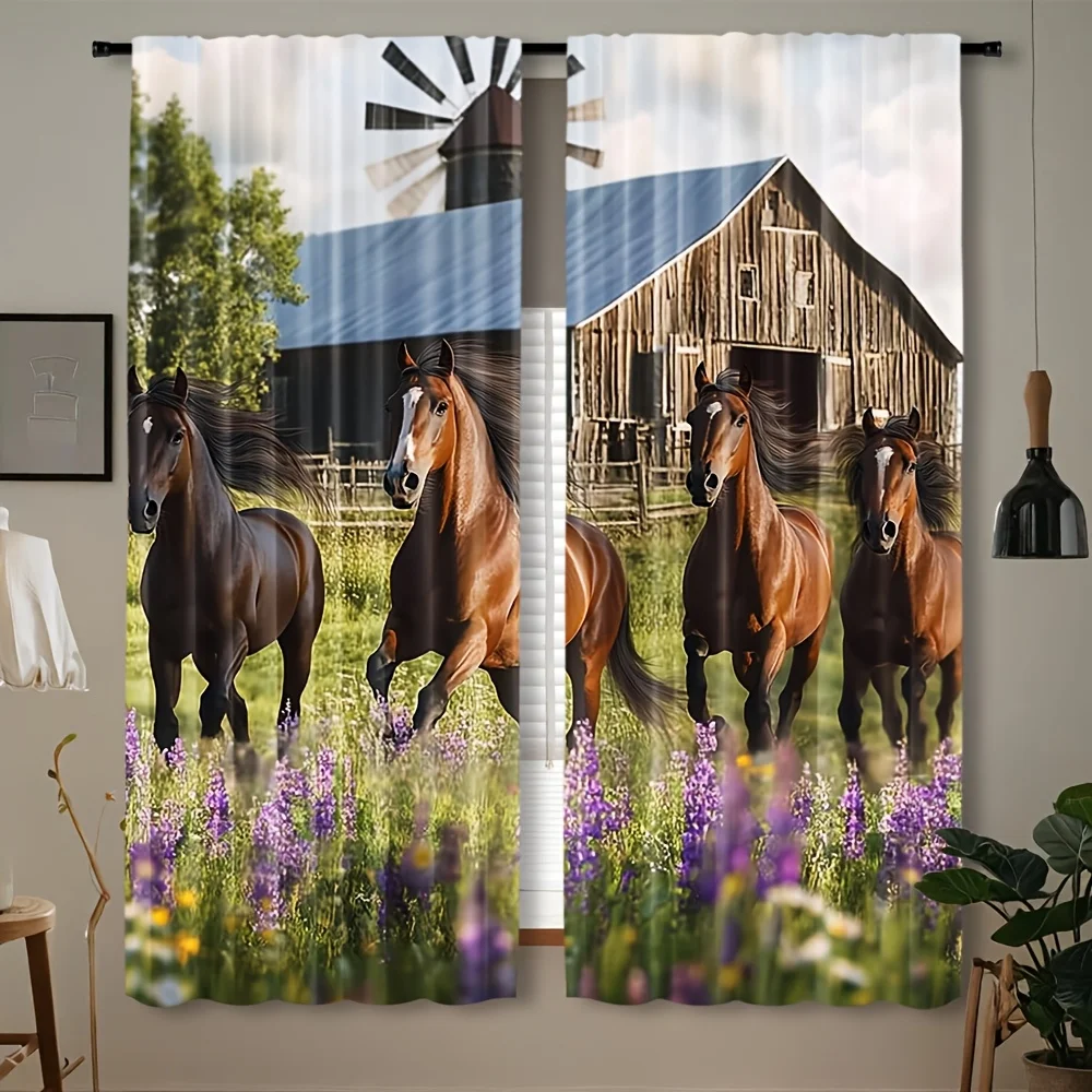 Rustic Farmhouse Horse Curtain Window Drapes Lavender Meadow Countryside Equestrian Barn Style Curtains for Living Room Bedroom