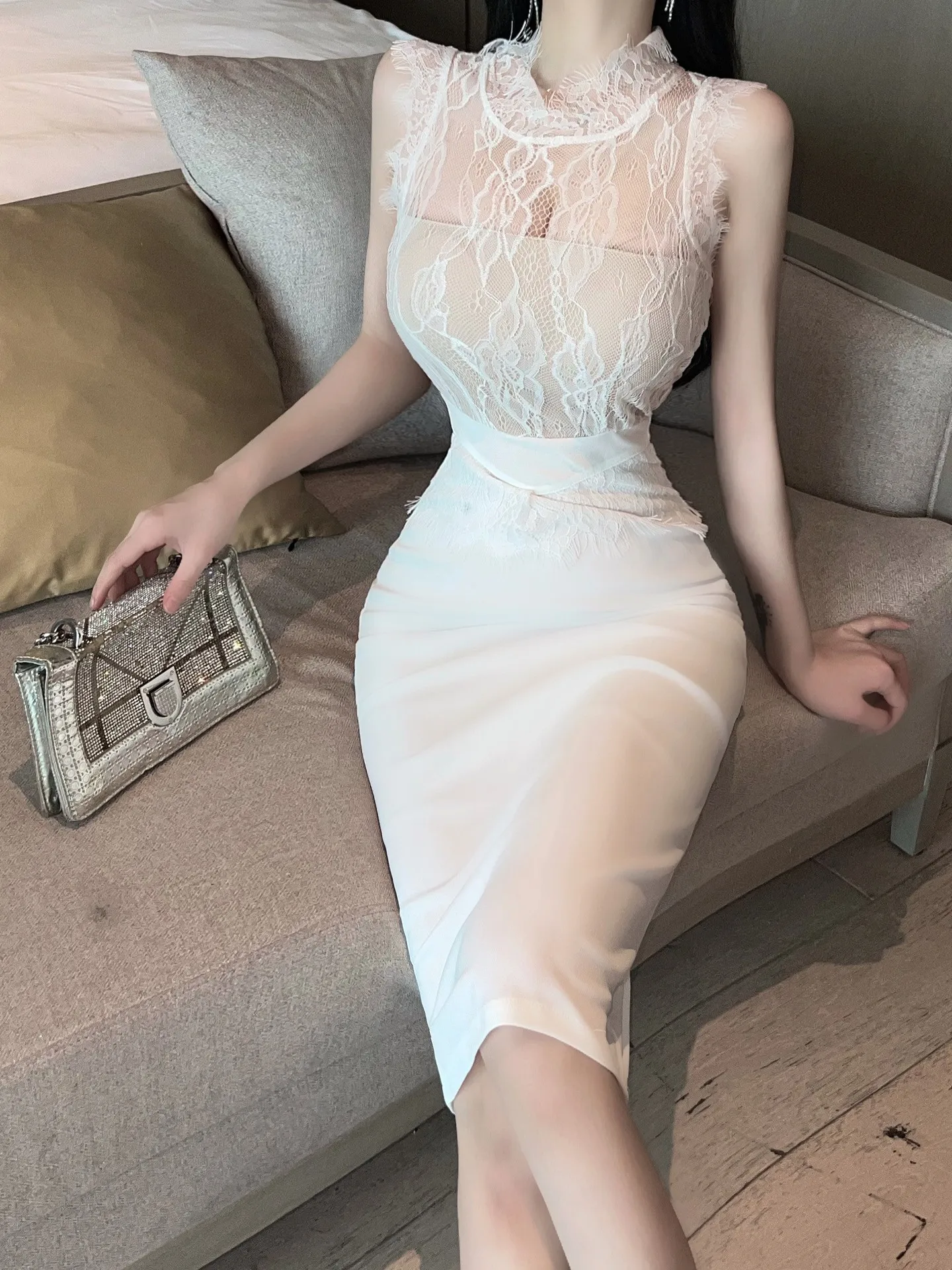 Sexy Lace Splice High Waist Dress Elegant Sheer Solid Temperament Women Ankle-Length Strapless Sweet White Party New 9TLA