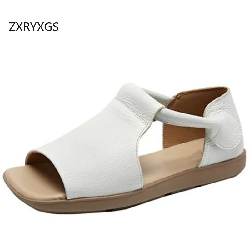 ZXRYXGS Top Cowhide Square Toe Fish Mouth Sandals 2024 Summer Women Real Leather Sandals Flat Soft Sole Comfort Casual Sandals