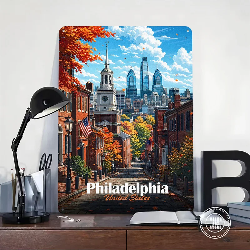 Philadelphia Skyline in Autumn 3D Texture Printed Poster Custom Vintage Metal Tin Plate Sign for Wall Art Office Decor Room Home