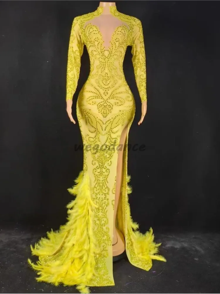 Vestido largo de tren de plumas de diamantes de imitación para mujer, traje de celebración de cumpleaños de boda, traje de espectáculo de fiesta de noche, nuevo